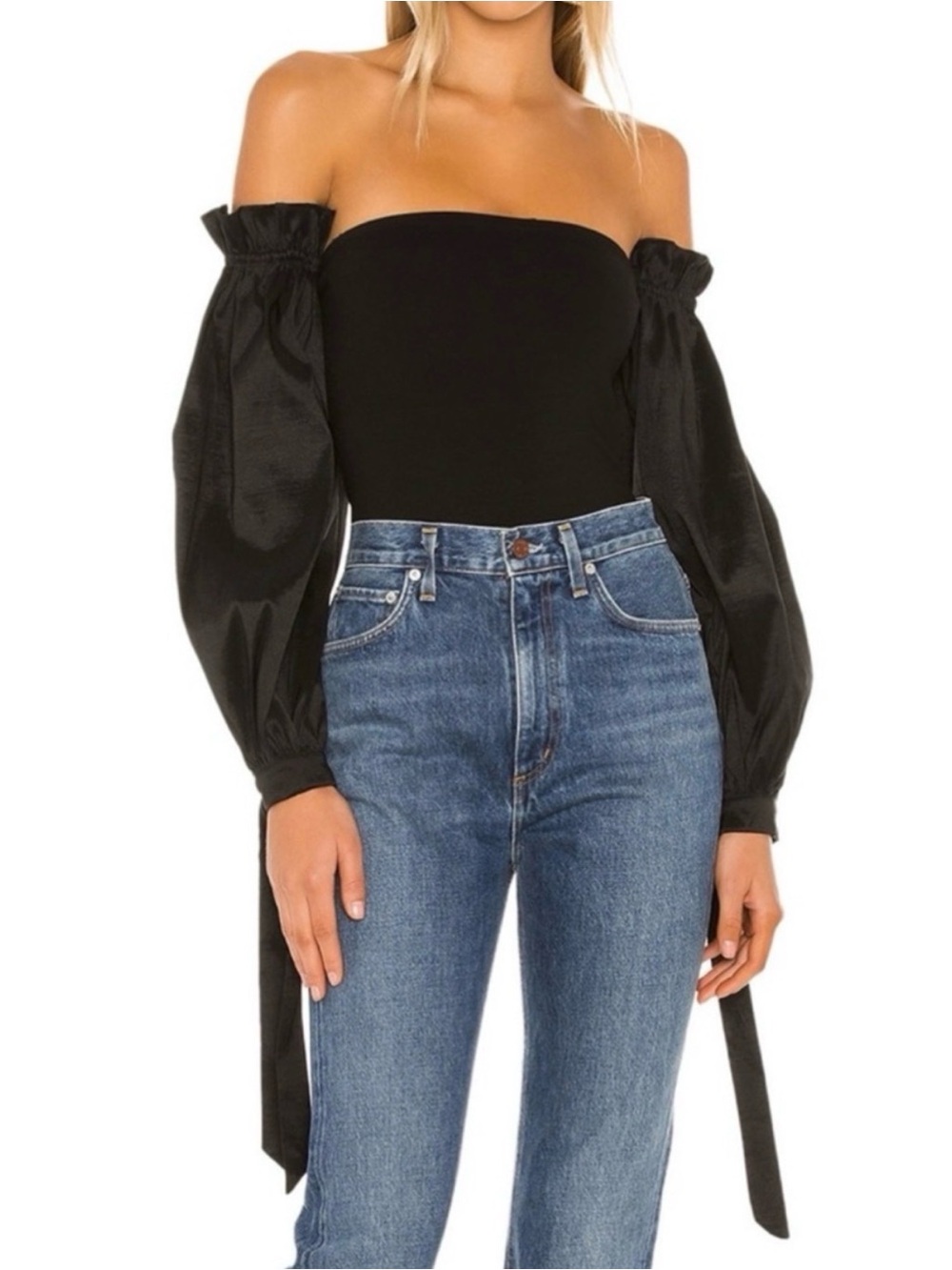 MAJORELLE Black Off-Shoulder Long Sleeve Bodysuit